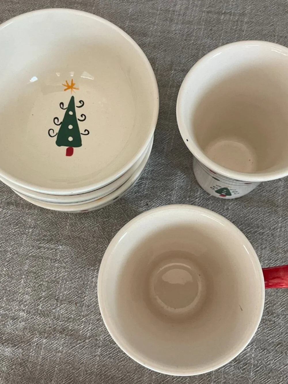 Living Art Holiday Christmas Lights Hand Painted Ceramic Bowls & Mugs Set of 5!